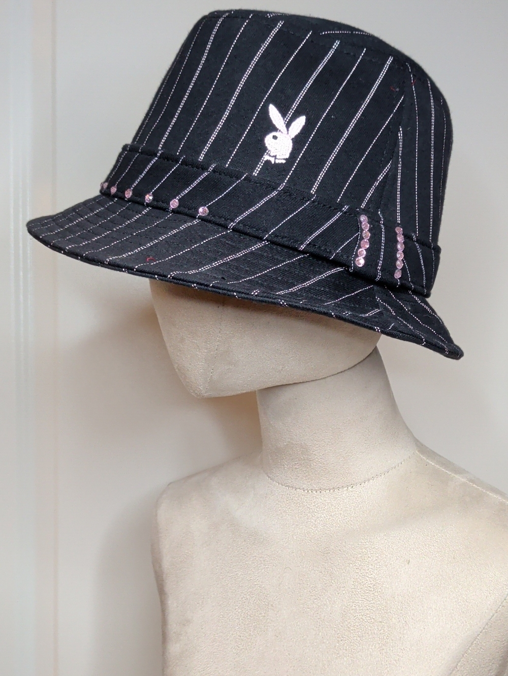 Y2K PLAYBOY Black Pinstripe Fedora Hat with Pink Sequin Accents Sz L/XL